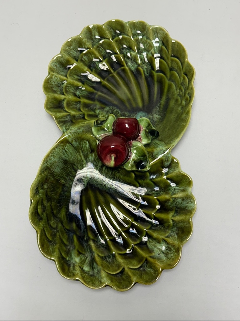 Wade of California Green Double Shell Ceramic Serving Dish with Red Cherries